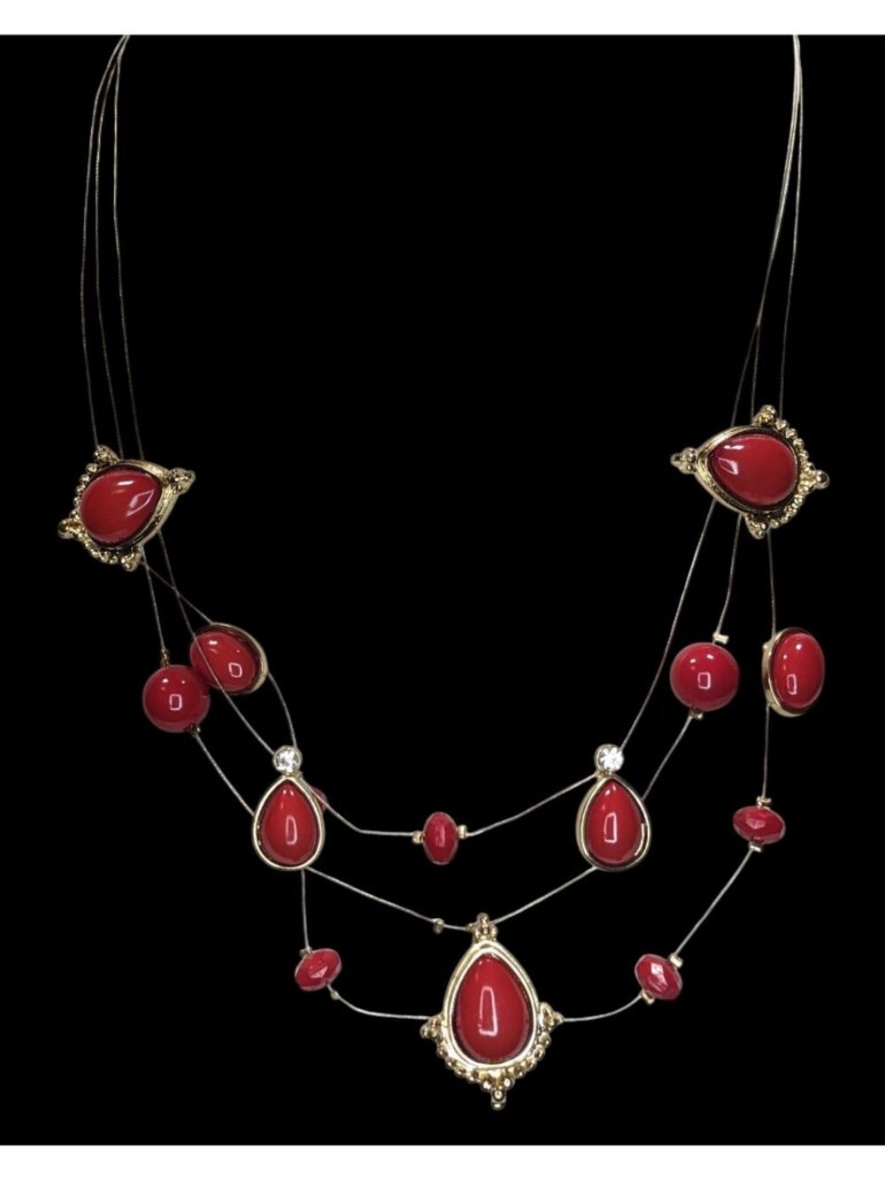 Boho Glam Statement Red Layered Necklace Charming Charlie Gold Tone
